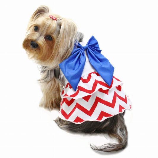 Patriotic Red/White/Blue Large Bow Sundress - Hipster Pugs Dog Duds